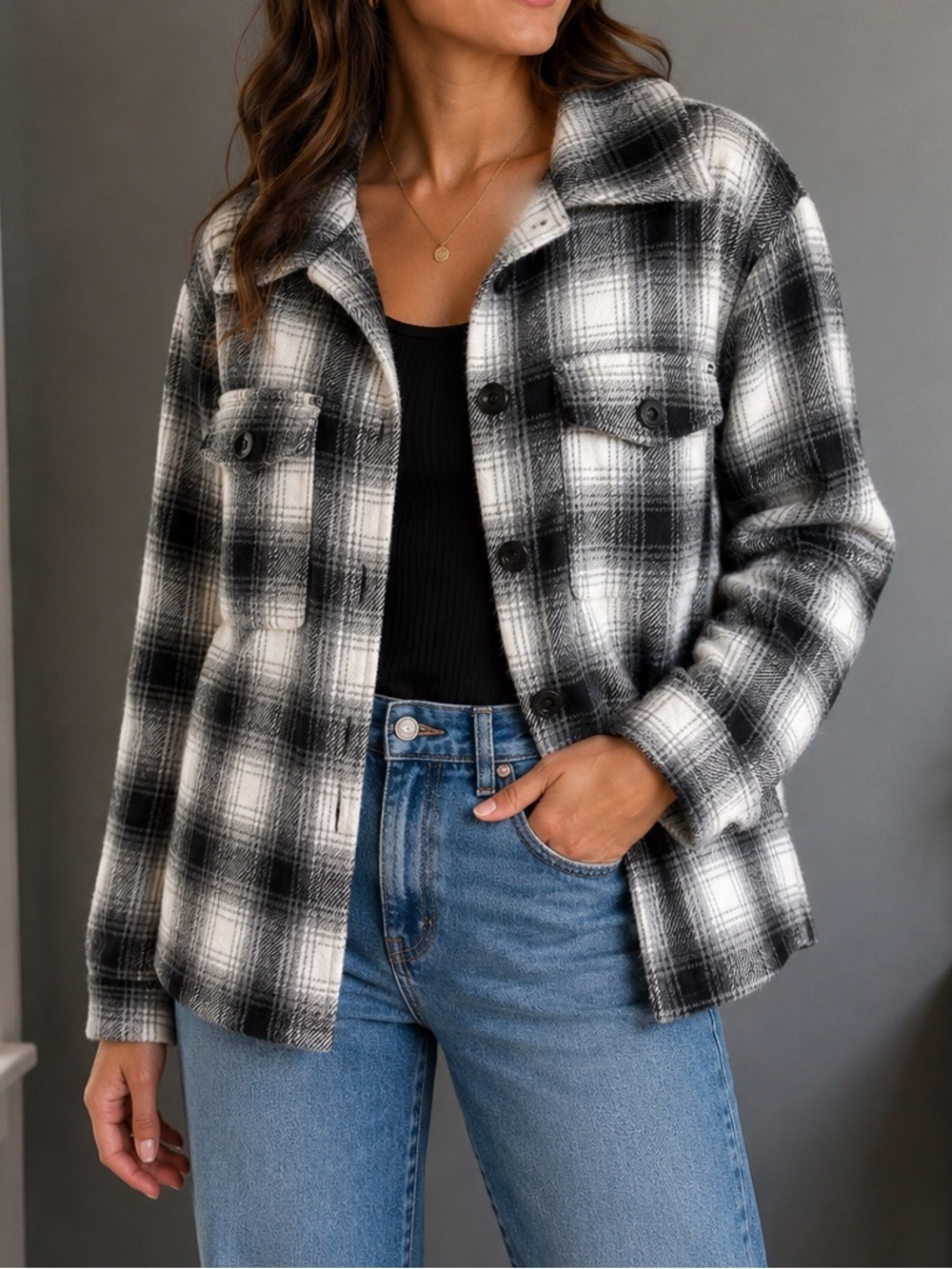 SHEIN Black & White Plaid Shacket Jacket Button Front Overshirt Size Small